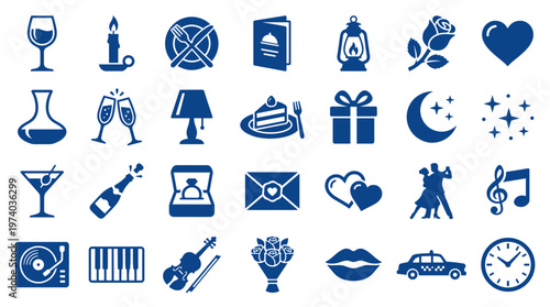 Collection of romantic and celebration icons representing love events and special occasions like weddings parties and nightlife with music and gifts
