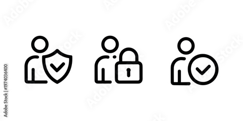 Three black line of person symbols with security and verification user profile shield