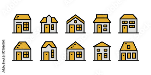 Ten simple house with yellow roofs and doors on white background house home building residential building