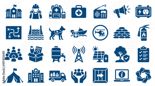 Disaster preparedness and emergency response icons set for crisis management and public safety planning