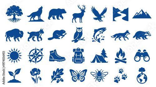 Collection of nature and outdoor adventure icons including animals plants mountains and camping gear for environmental themes