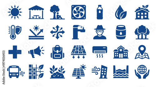 Collection of diverse icons representing environmental sustainability, renewable energy, smart city concepts, and healthy living