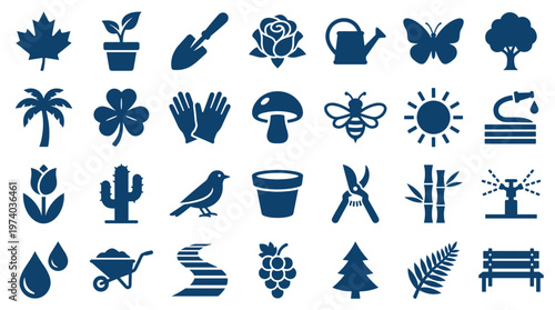 Collection of garden and nature icons representing plants, tools, insects, and weather elements for outdoor activities and landscaping design