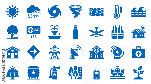 Collection of blue icons representing natural disasters climate change weather phenomena and emergency services for design and web use