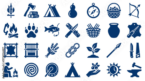 Primitive survival tools and resources collection icons representing ancient life skills and prehistoric human activities
