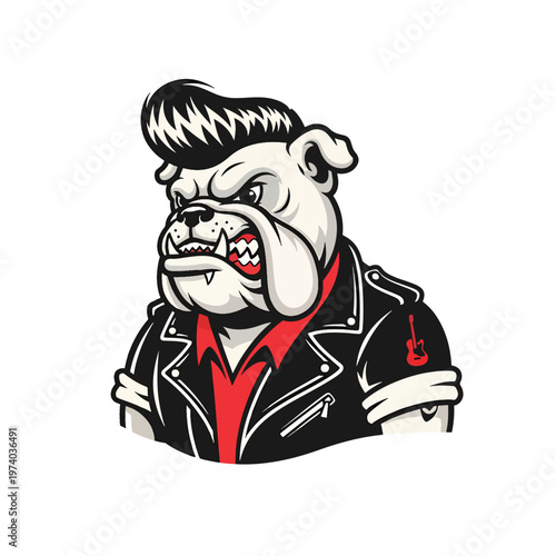 Striking vector mascot illustration of a rock and roll bulldog, snarling with rebel attitude.