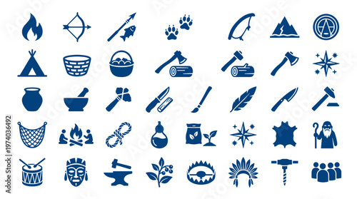 Collection of Native American and primitive survival icons representing ancient tools, hunting, shelter, and cultural elements on a white background