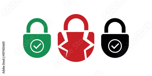 Three padlocks green with checkmark red cracked black with checkmark security safety protection  in white background
