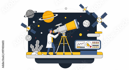 Astronomer Observing Celestial Bodies Through Telescope in Space.