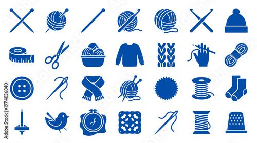 Collection of blue knitting and crochet icons representing various crafting tools and supplies for handmade hobbies and creative projects
