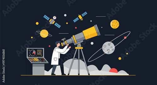 Astronomer Observing Celestial Bodies Through Telescope in Space.