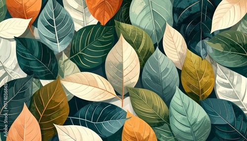 A seamless vector pattern of colorful autumn foliage features a vibrant nature texture with orange, yellow, and green leaves for a seasonal floral wallpaper design