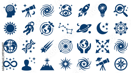 Cosmic exploration and scientific discovery icons representing space astronomy technology and human imagination