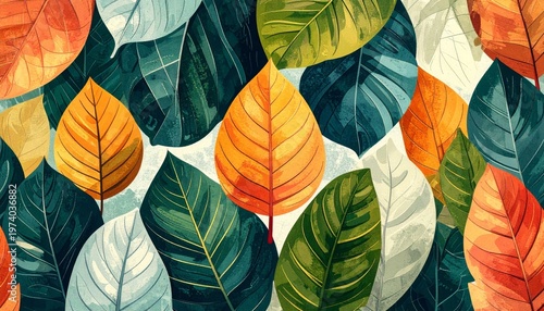 A seamless vector pattern of colorful autumn foliage features a vibrant nature texture with orange, yellow, and green leaves for a seasonal floral wallpaper design