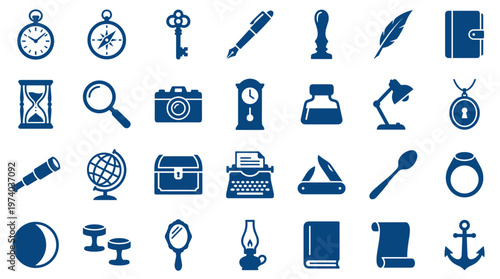 Collection of vintage and antique icons representing history, travel, and communication