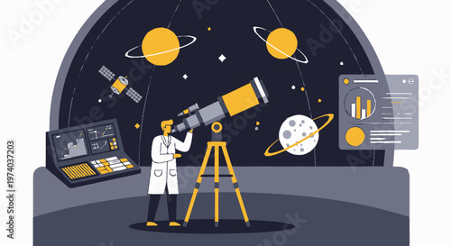 Astronomer Observing Celestial Bodies Through Telescope in Space.
