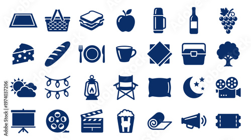 Collection of outdoor leisure and entertainment icons representing activities like camping, picnics, movies, and relaxation