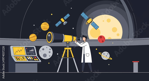 Astronomer Observing Celestial Bodies Through a Telescope in Space.