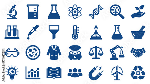 Collection of science and technology icons representing research innovation discovery and development in laboratory and industry settings