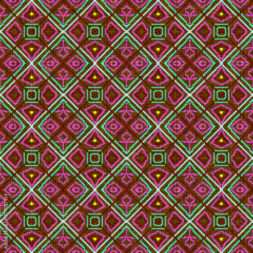 Dark Ethnic Geometric Seamless Pattern with Tribal Diamond Motifs and Woven Texture, Boho Textile Repeat Background for Fabric, Wallpaper, Wrapping Paper and Surface Design