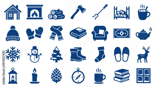 Cozy Winter Icons Collection Featuring Warmth Comfort and Seasonal Activities for a Hygge Lifestyle