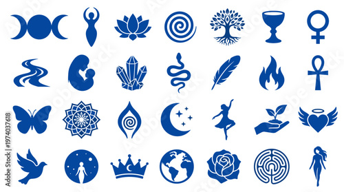 Collection of Esoteric and Spiritual Symbols in Blue on White Background