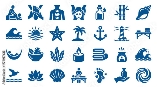 Collection of blue spa and wellness icons representing relaxation massage aromatherapy and natural elements for health and beauty concepts