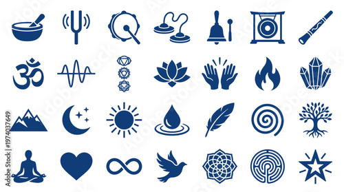 Collection of spiritual and wellness icons representing meditation yoga sound healing nature and symbols of peace and balance