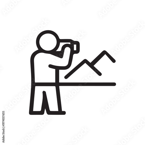 Minimalist Line Icon Of A Tourist Viewing Mountains With Binoculars