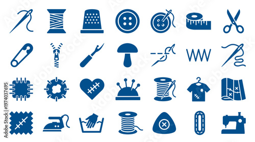 Collection of sewing and tailoring icons representing craft and DIY projects, including needles, threads, buttons, scissors, and sewing machine