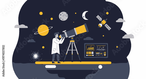 Astronomer Observing Celestial Bodies Through Telescope in the Night Sky.