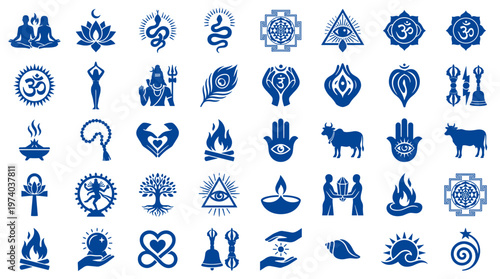 Collection of spiritual and religious symbols icons representing yoga meditation enlightenment and cultural diversity in blue monochrome