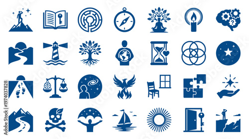 Collection of conceptual icons representing life journey challenges opportunities growth and success in blue color palette