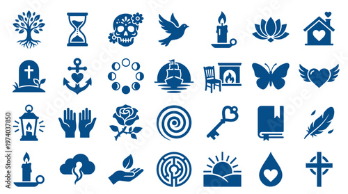 Collection of symbolic icons representing life, death, spirituality, and nature in a clean blue design