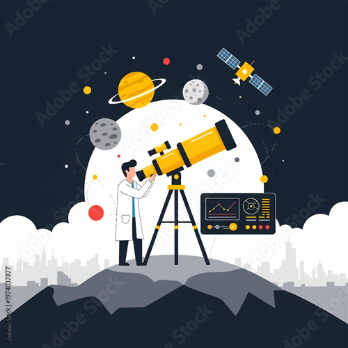 Astronomer Observing Celestial Bodies Through a Powerful Telescope at Night.