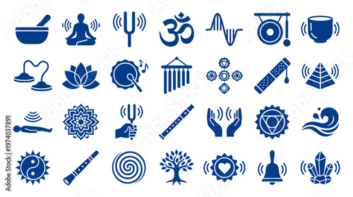 Collection of spiritual and wellness icons representing meditation yoga sound healing crystals and nature symbols for holistic health and mindfulness