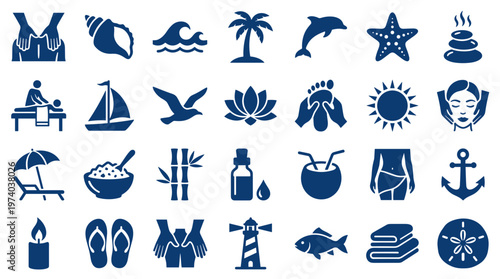 Collection of blue spa and travel icons representing relaxation wellness and vacation activities