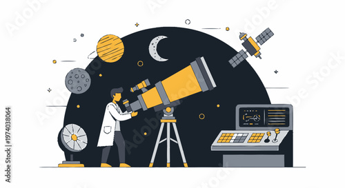 Astronomer Observing Celestial Bodies Through Telescope Under Night Sky.
