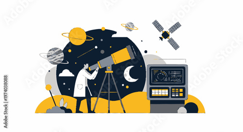 Astronomer Observing Celestial Bodies Through Telescope Under Night Sky.