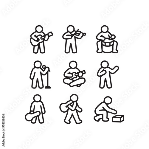Diverse Set of Musician and Performer Stick Figure Line Art Icons