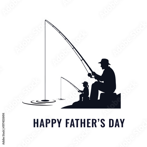 Father and Son Fishing Silhouette Vector for Happy Father's Day Greeting Card Design