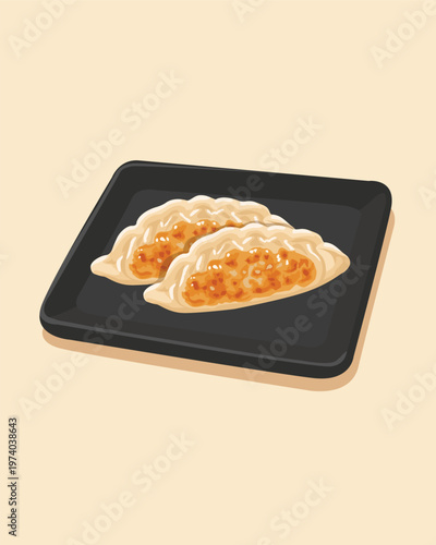 Japanese Gyoza Dumplings on Plate Flat Vector Food Illustration