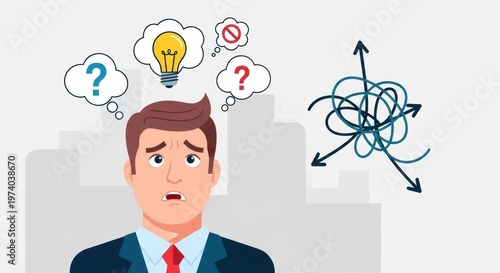 Confused businessman with tangled thoughts and lightbulb idea, stressed professional solving complex problems, mental clarity and decision making concept