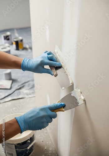 Application of Joint Compound on Drywall Seam using Spatulas with Gloves