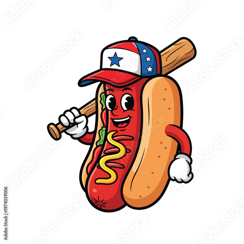 Charming Cartoon Hot Dog Mascot with Baseball Bat and Star Cap, Sports Vector Graphic