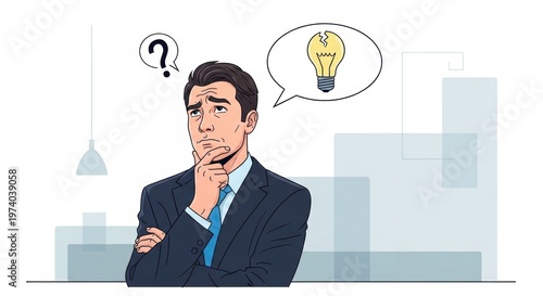 Confused businessman thinking with broken lightbulb idea, pensive executive with question mark, professional man facing mental block and failure
