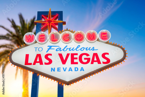 Welcome to Fabulous Las Vegas Sign. Logo Removed. The beautiful Sunset sky in the background.