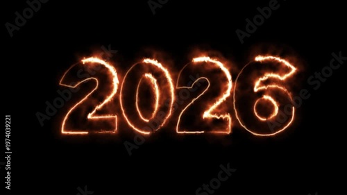 2026 New Year Fire Text Animation Burning Orange Flame Effect on Black