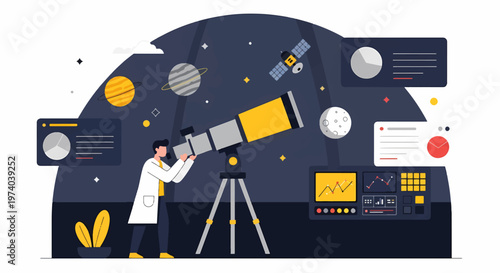 Astronomer Observing Celestial Bodies Through a Powerful Telescope at Night.