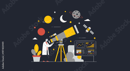 Astronomer Observing Celestial Bodies Through a Powerful Telescope Illustration.